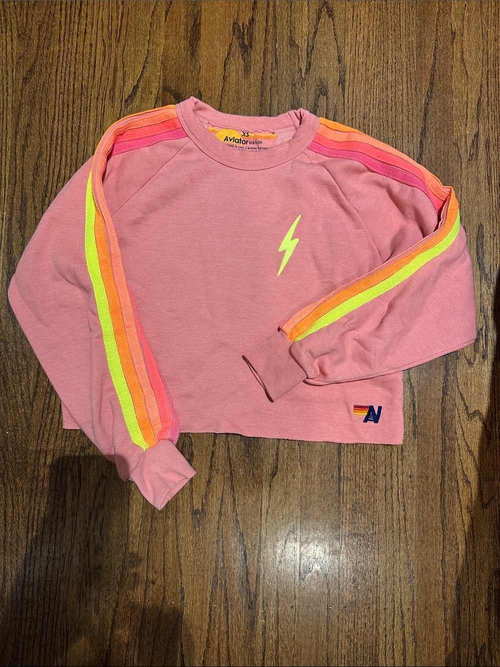 Aviator Nation Bolt Cropped Sweatshirt with Neon Stripe Sleeves